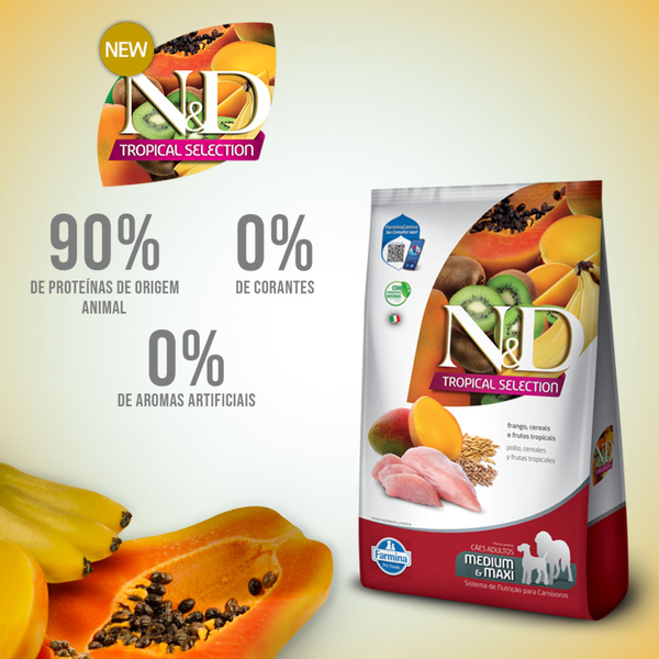 RAÇÃO ND TROPICAL FRANGO ADULTO MED/MAX - CEREAIS E FRUTAS
